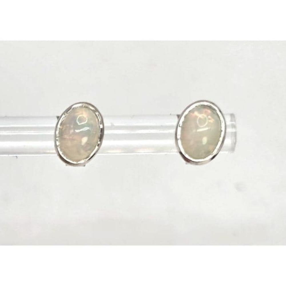 Genuine Ethiopian Opal Stud Earrings Oval Sterling Silver Bezel‎ 7.9 mm Handmade